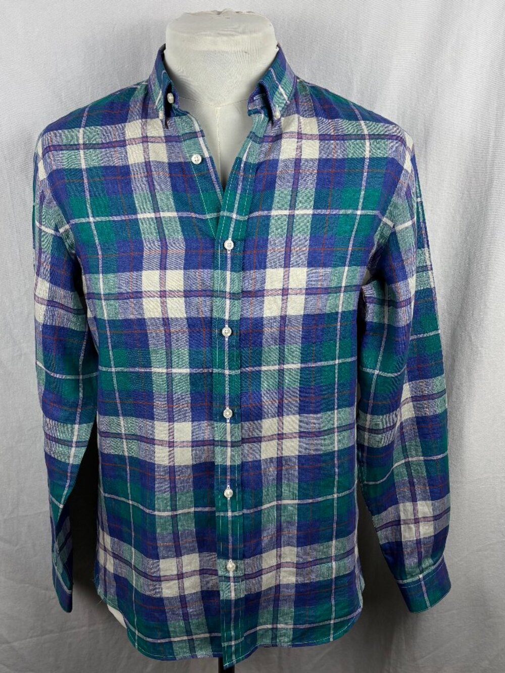 Figaret Paris 100% Linen Plaid Button Down Shirt Blue Green Men's Small EUC